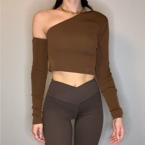 Zara asymmetrical neck line long sleeve brown top with shoulder pad detail